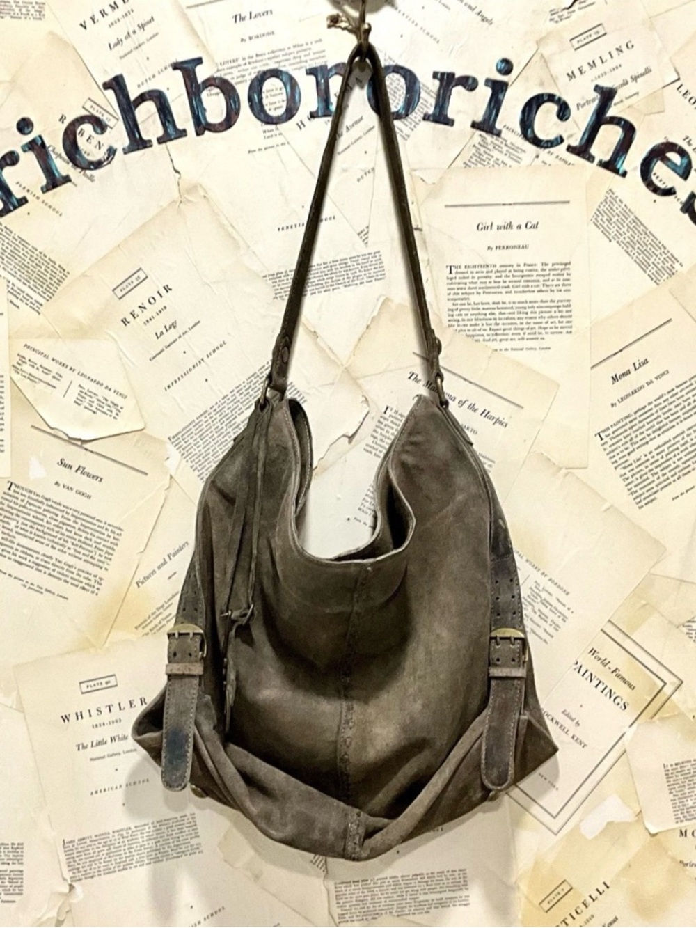 Free People We The Free Distressed Khaki Sandblast Suede Shoulder Bag Bucket - Picture 6 of 13